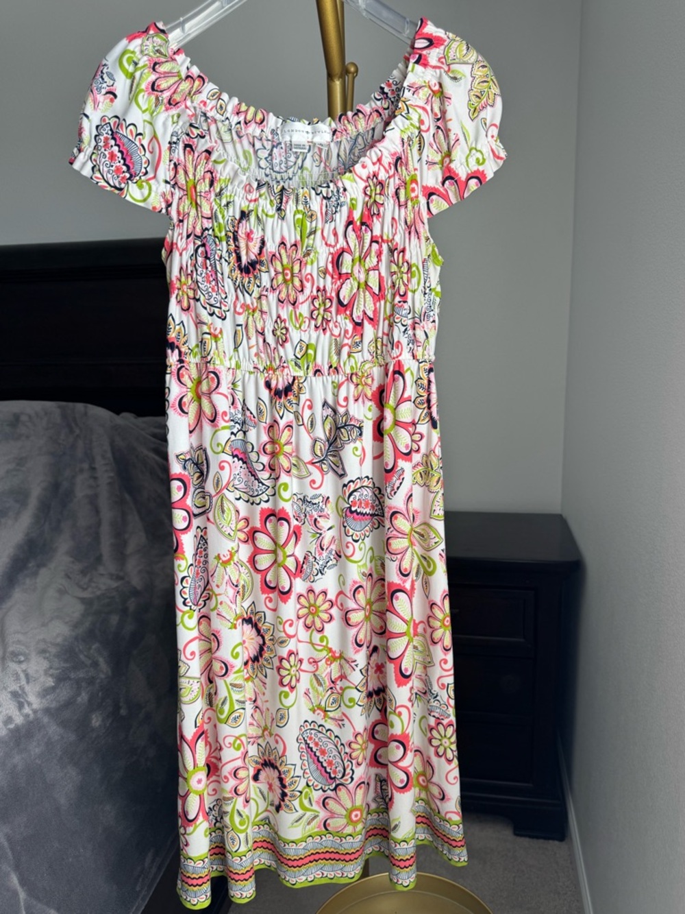 London Style White Floral Smocked Blousen Dress - White, Pink & Green - Size 10